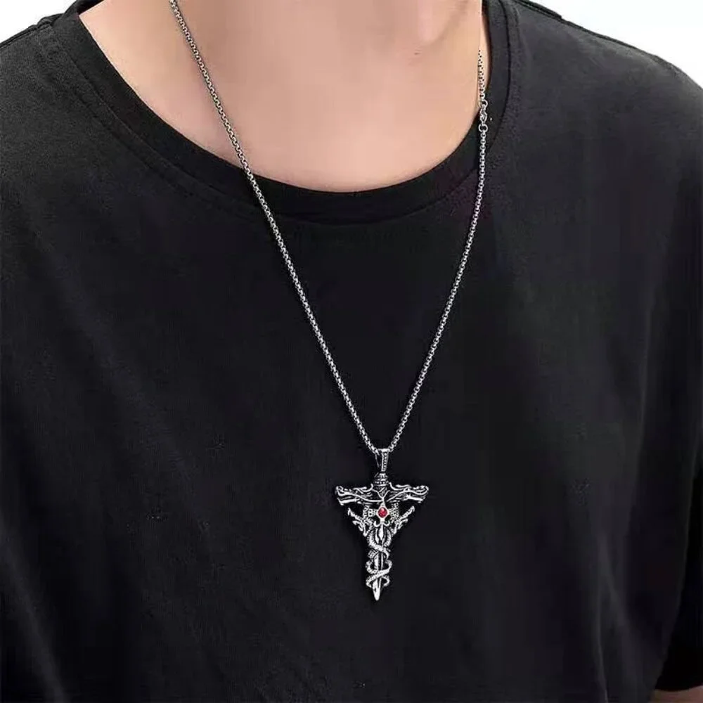 Vintage Double Dragon Sword Necklace for Men, BL55590007